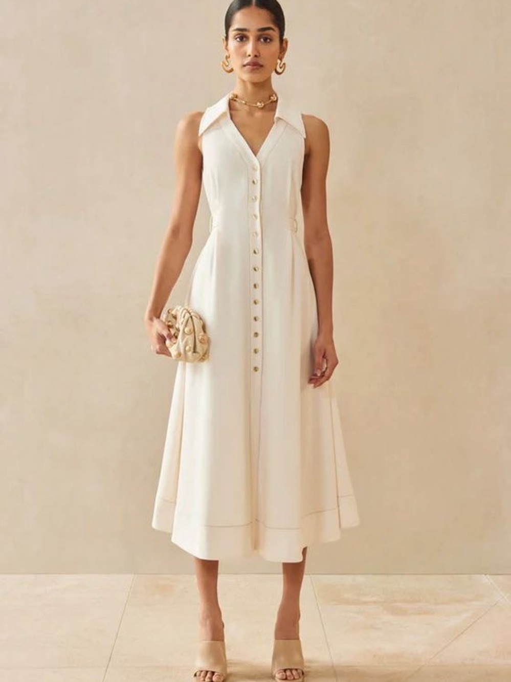 cult gaia Cream Sleeveless Button-Front Midi Dress